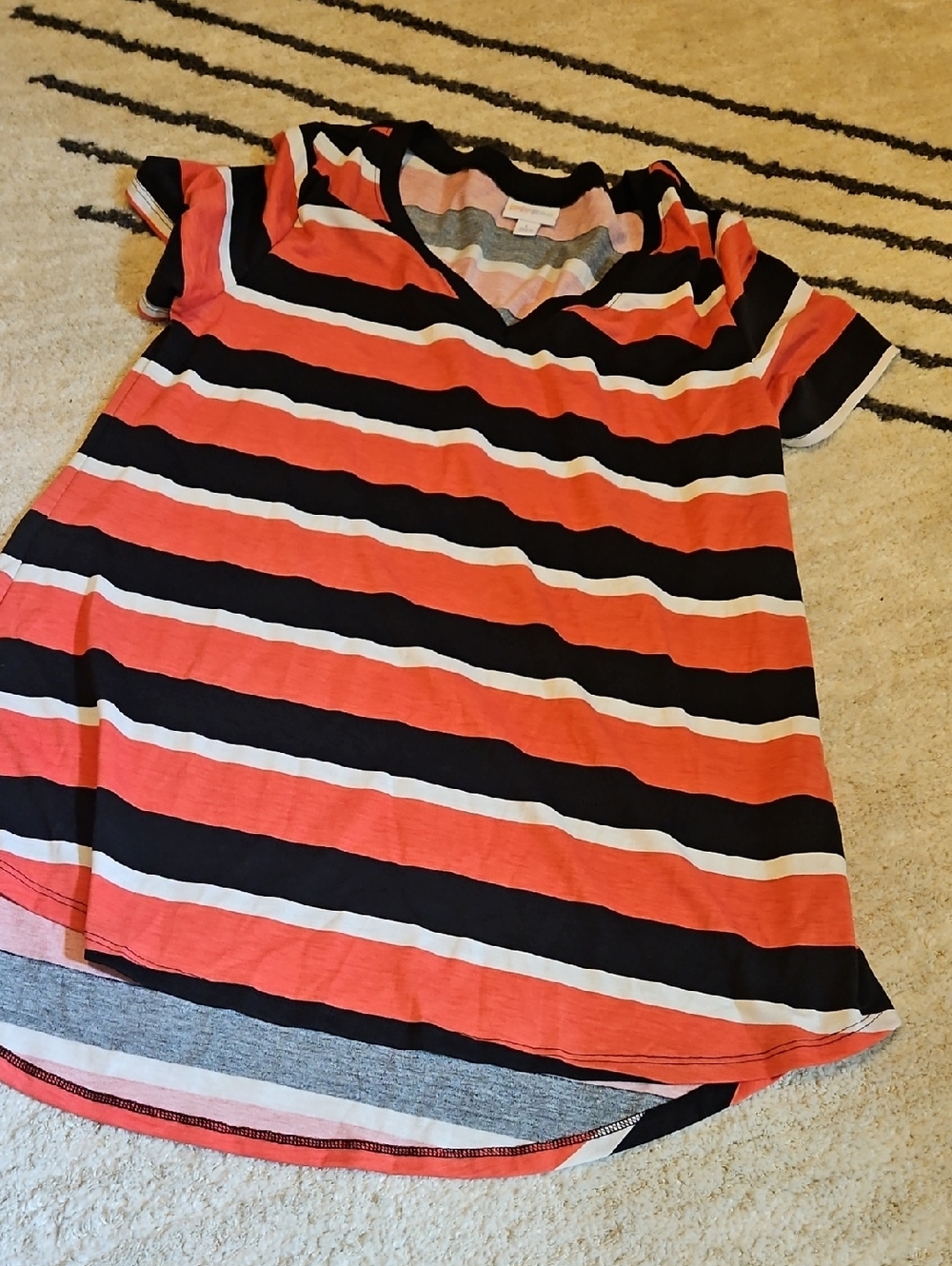 LuLaRoe Striped V-Neck Tee in Coral, Black & White